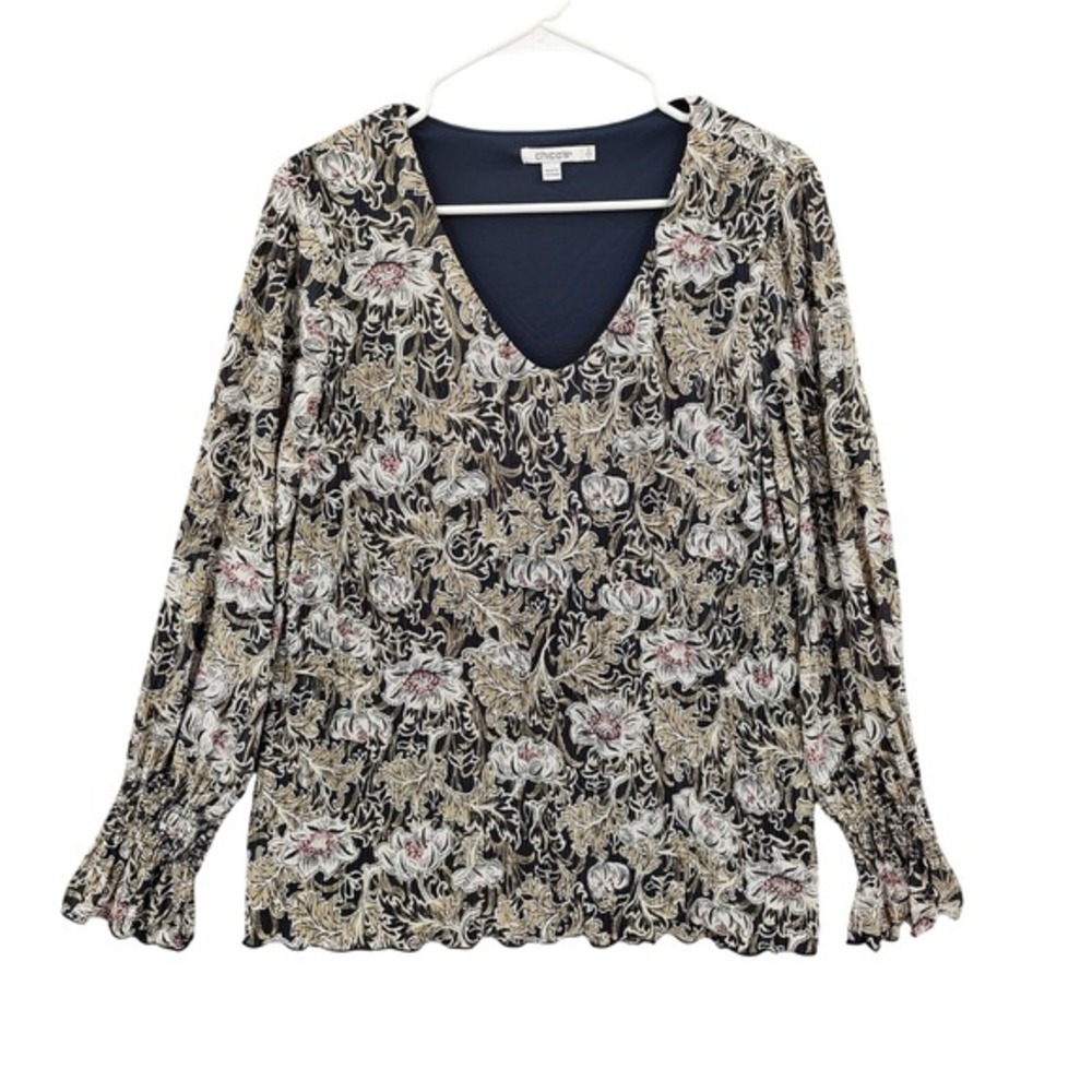 Chicos Women Victorian Cottage Romantic Top L Blouse Floral Pleated Smocked Cuff